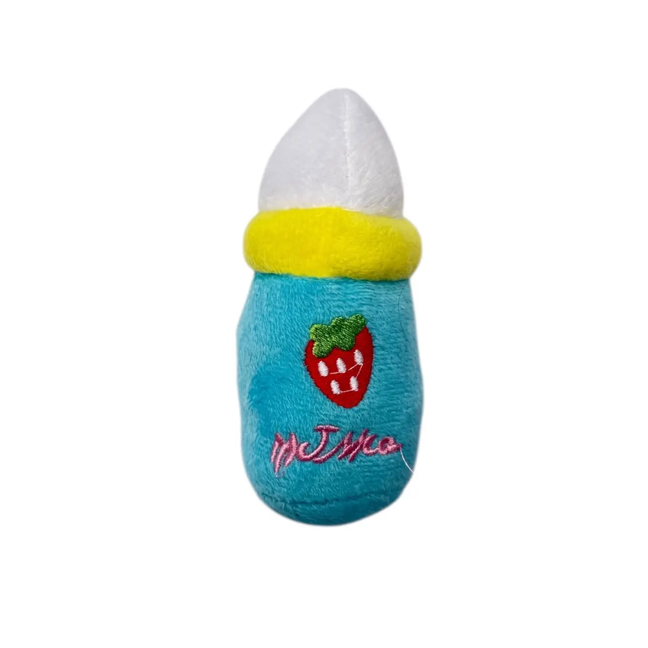 Peluche para perros y gatos en forma de biberón azul, con boquilla blanca, anillo amarillo, bordado de fresa y texto rosado.