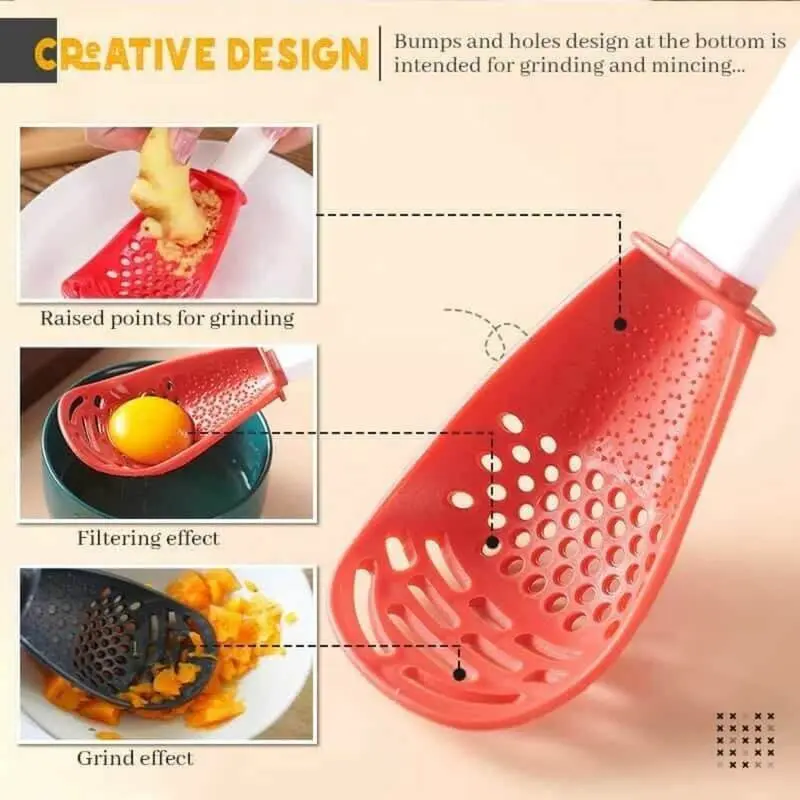 Cuchara multifuncional roja con mango blanco, superficie texturizada para rallar jengibre, agujeros de filtrado y ranuras para triturar alimentos.