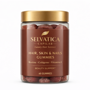 Frasco transparente con tapa dorada de Selvática Capilab con 60 gomitas rojizas para cabello, piel y uñas, con biotina, colágeno y vitamina E.