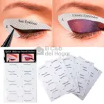 Set de plantillas adhesivas para maquillaje de ojos, incluye diversos diseños para delineado y sombras, presentados en láminas con guías izquierda y derecha.