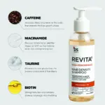 Shampoo anticaída Revita DS Laboratories de 120 ml en botella transparente con dispensador blanco, acompañado de infografía con ingredientes activos como cafeína y biotina.