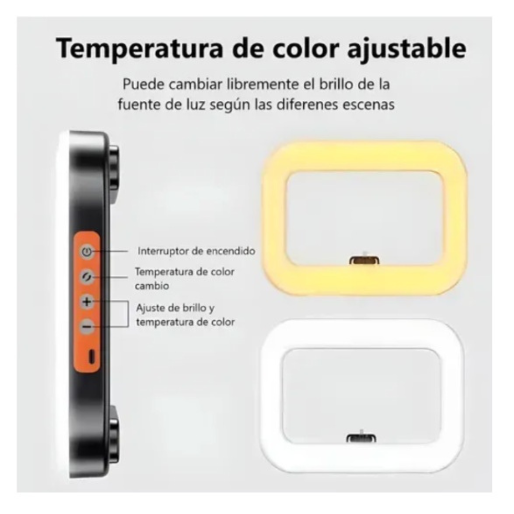 Aro de luz rectangular con panel lateral de control para ajustar brillo y temperatura de color, mostrando dos modos de iluminación: cálida y fría.