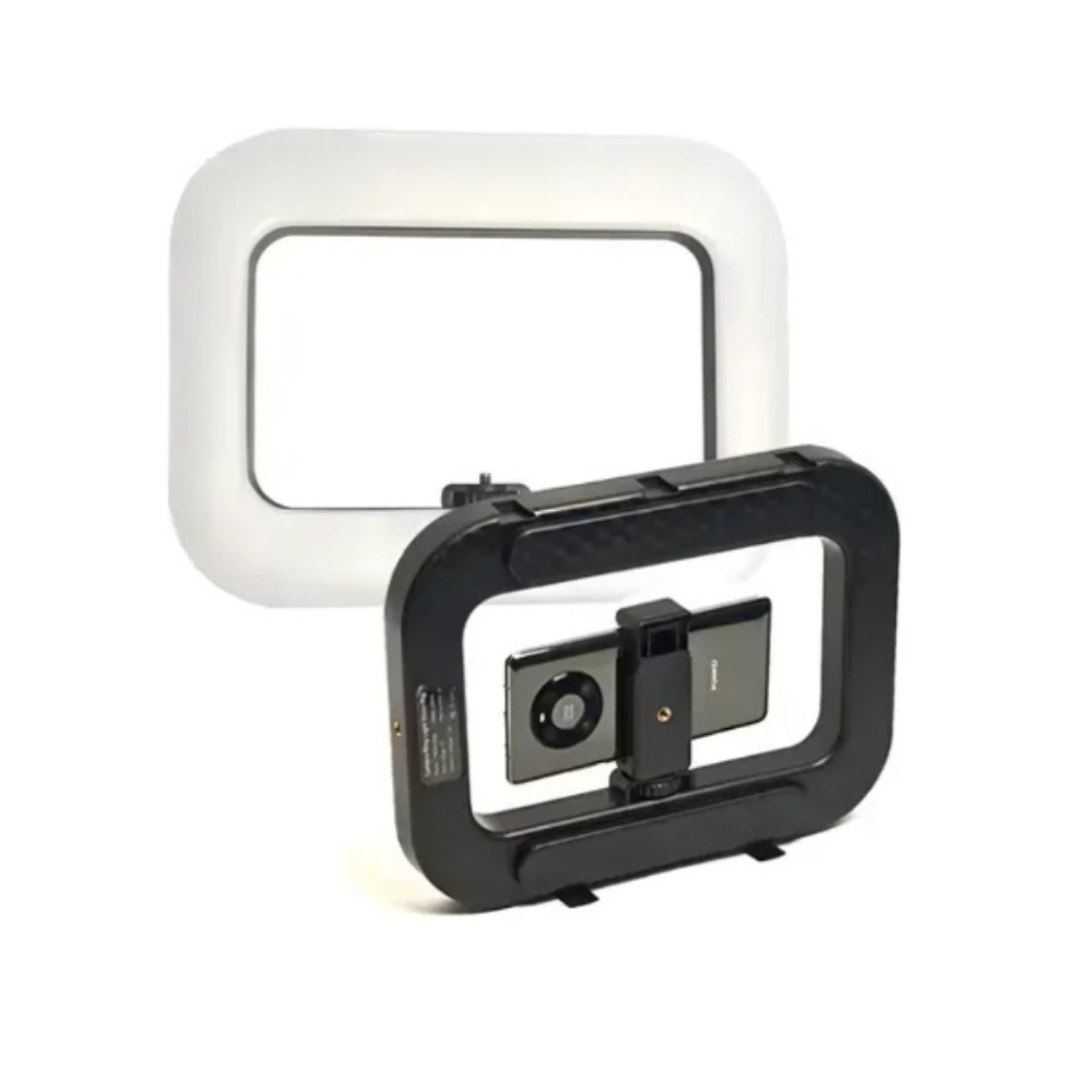 Aro de luz rectangular RGB de 20W en color negro con soporte central para celular, mostrando el diseño frontal y posterior del dispositivo.