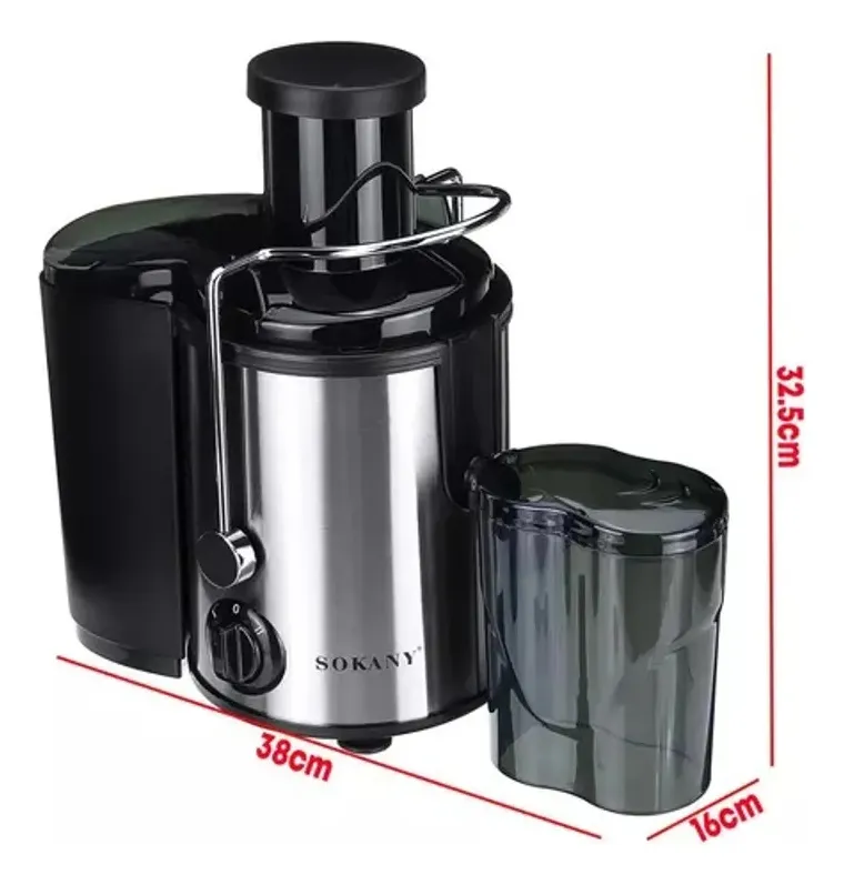 Extractor de jugos eléctrico Sokany con cuerpo de acero inoxidable y detalles negros, jarra translúcida lateral y medidas visibles de 38 cm de ancho y 32.5 cm de alto.