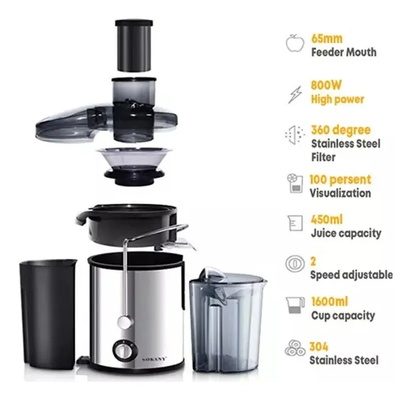Extractor de jugos eléctrico Sokany plateado y negro de 800W con piezas desmontables, filtro de acero inoxidable, jarra y contenedor de pulpa visibles.