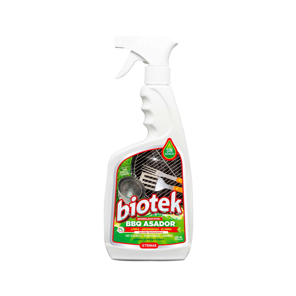 Botella blanca de spray desengrasante ecológico para asadores Biotek de 500 ml, con etiqueta roja y verde que muestra una parrilla limpia.