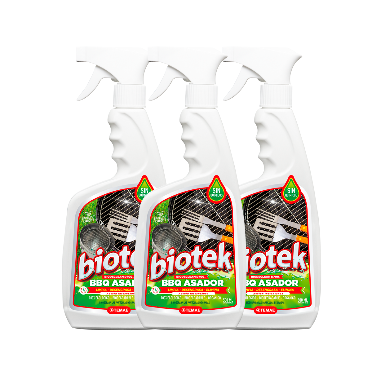 Set de tres botellas plásticas blancas con atomizador de desengrasante ecológico para asadores Biotek de quinientos mililitros con etiqueta verde.