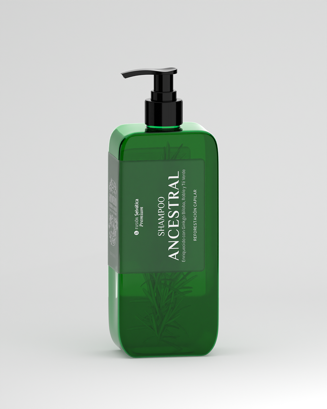 Shampoo Ancestral con romero en envase rectangular verde transparente y dosificador negro sobre fondo gris.