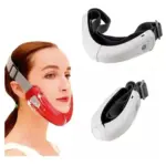Reductor de papada eléctrico con correa ajustable; muestra modelo rojo en uso facial y modelo blanco en diferentes ángulos de vista.