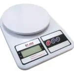 Balanza digital de cocina blanca SF-400 con plato redondo, pantalla LCD y tres botones de control, capacidad de 10 kg.