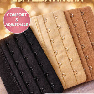 Extensor de brasier ancho en colores negro, beige y marrón, fabricado en tela suave con seis filas de ganchos metálicos ajustables.