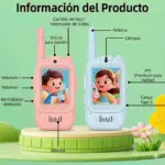 Walkie talkies infantiles con cámara y pantalla, en color rosado y celeste, con botones de volumen, encendido, altavoz y antena.