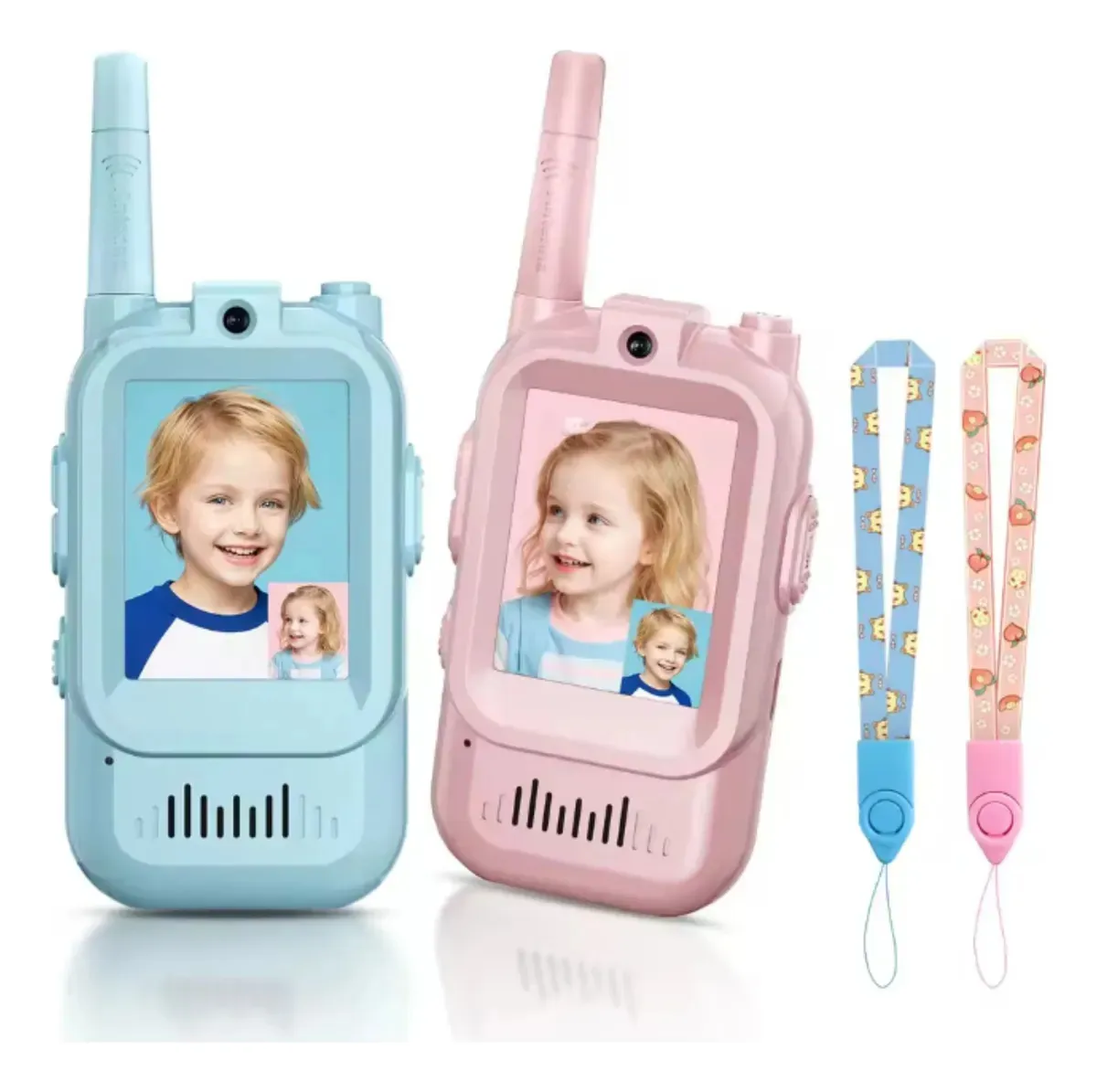 Walkie talkie infantil con cámara y pantalla, disponible en color azul y rosado, con dos cordones colgantes estampados.