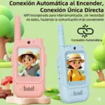 Par de walkie-talkies infantiles con cámara y pantalla, uno rosa y otro celeste, con diseño de antena y altavoz integrado.