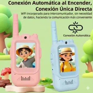 Par de walkie-talkies infantiles con cámara y pantalla, uno rosa y otro celeste, con diseño de antena y altavoz integrado.