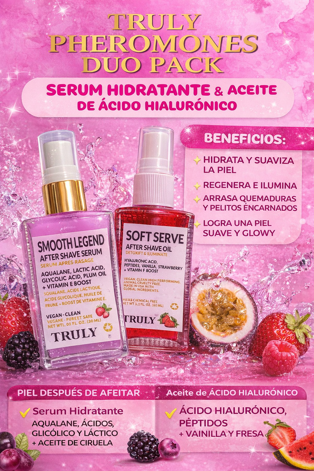 Dúo pack Truly con frascos de sérum morado y aceite rojo sobre fondo rosa con frutas, para hidratar y prevenir vellos encarnados.
