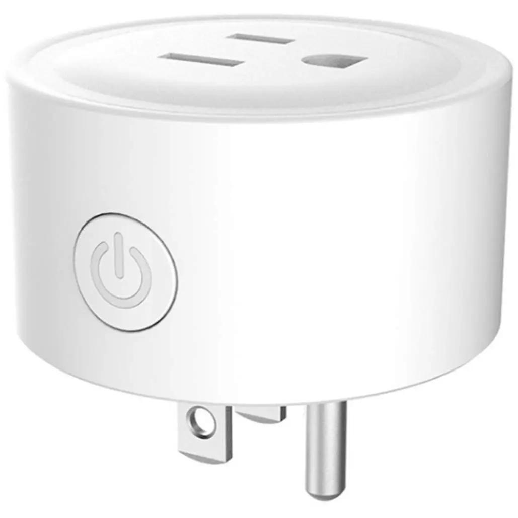 Adaptador inteligente cilíndrico blanco con toma de corriente superior, botón de encendido lateral y clavijas metálicas para la pared.