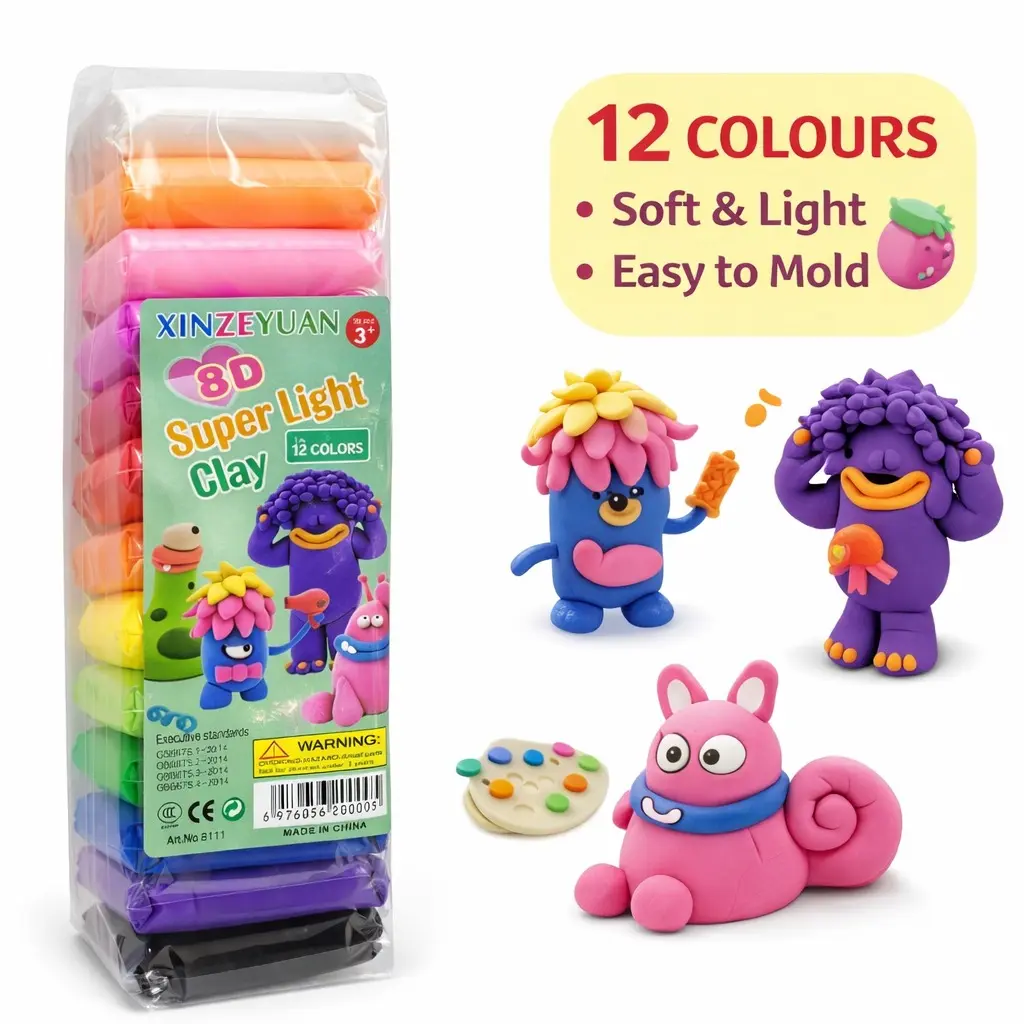 Paquete transparente con 12 barras de arcilla ligera multicolor y figuras moldeadas de monstruos coloridos y divertidos.