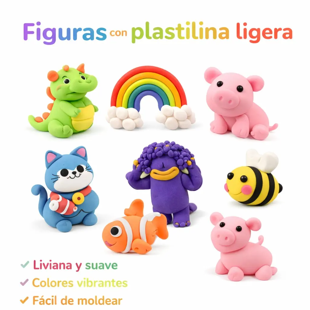 Figuras infantiles modeladas con plastilina ligera de colores vibrantes, incluyendo un dinosaurio verde, un arcoíris, un cerdo rosa, un gato azul y una abeja.