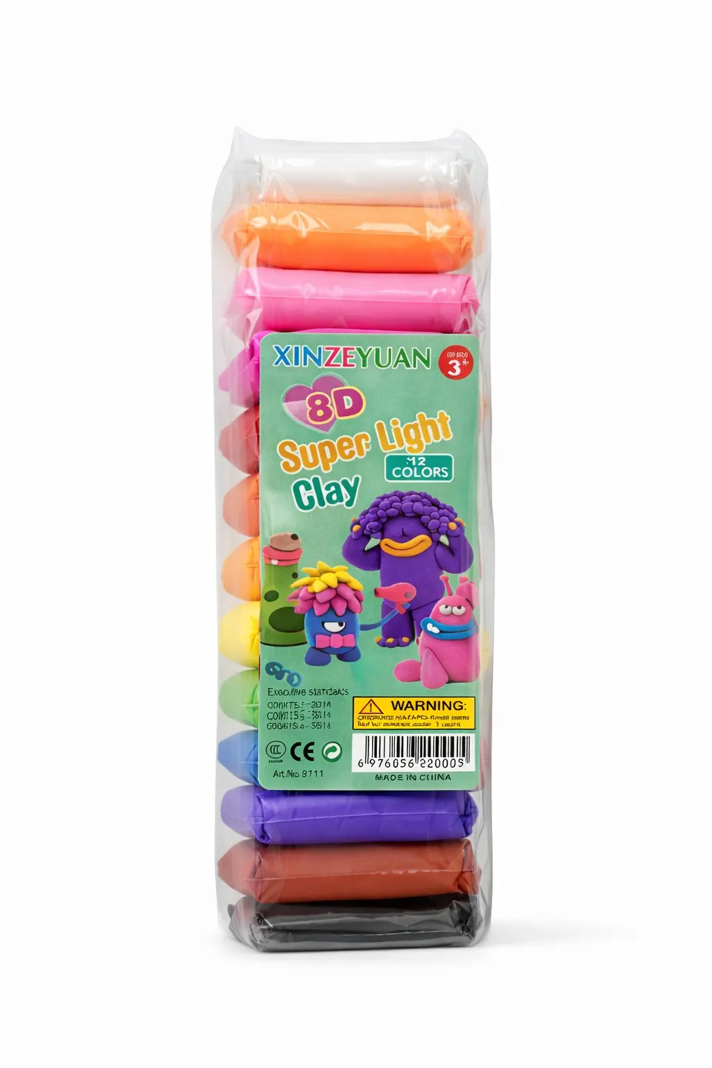 Set de masa moldeable Super Light Clay en empaque vertical de plástico transparente que muestra doce barras de diferentes colores apiladas.