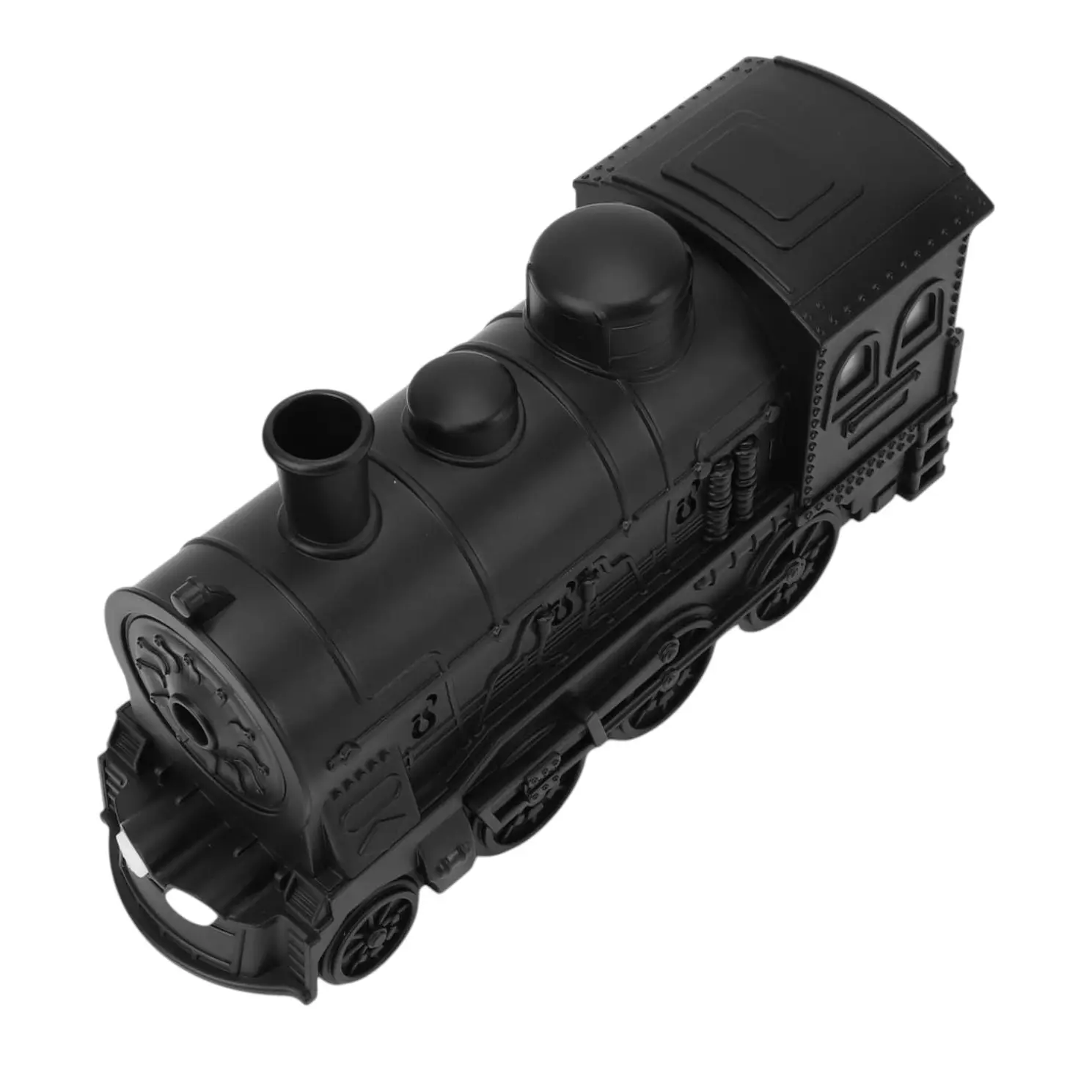 Humidificador de aire diseño tren clásico en color negro mate con detalles en relieve, vista diagonal superior.