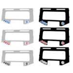 Seis porta placas de acero inoxidable para moto en acabados plata y negro, con logos NS en colores azul, rojo y blanco.