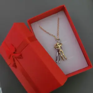 Collar de acero inoxidable con dije de pareja abrazada en tonos dorado y plata, presentado en una caja de regalo roja con lazo.