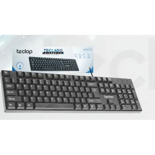 Teclado alámbrico USB de color negro con distribución en español, presentado junto a su caja original sobre un fondo blanco con diseño minimalista.