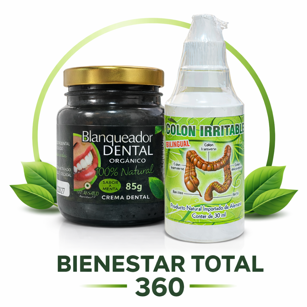 Kit de bienestar con blanqueador dental orgánico de 85g en frasco oscuro y gotas para colon irritable de 30ml, sobre fondo blanco con hojas decorativas.