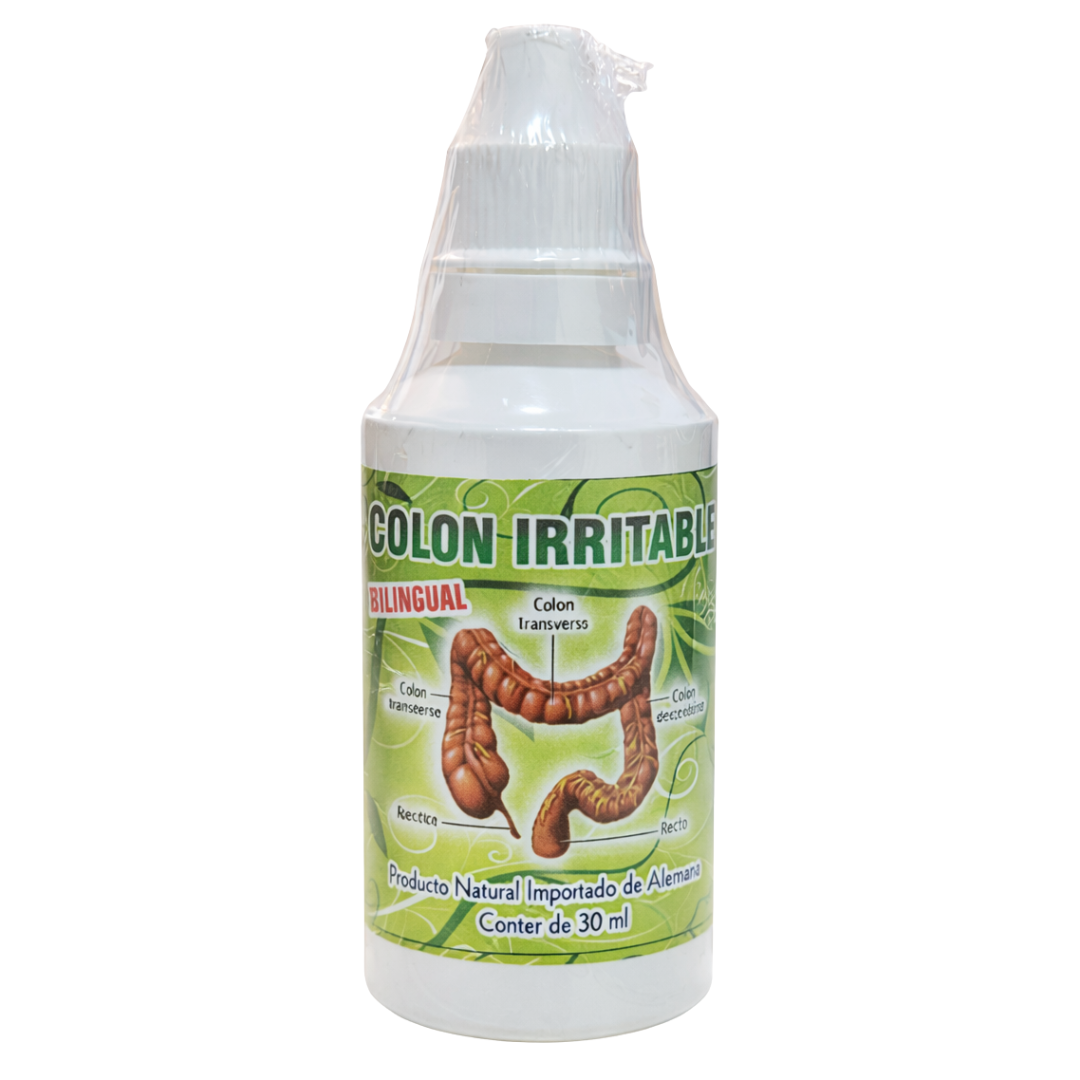 Frasco blanco de 30 ml de gotas naturales para colon irritable con etiqueta verde e anatómica del intestino.