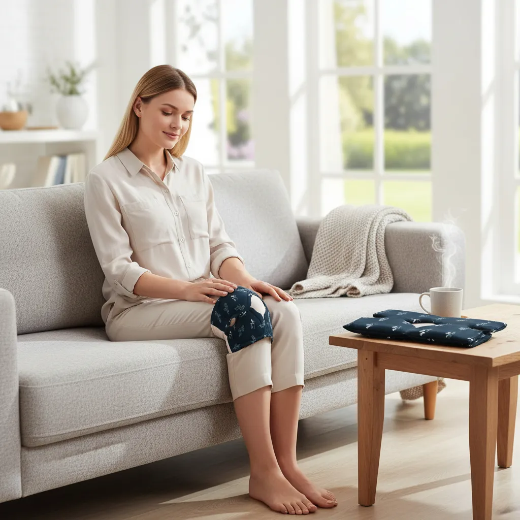 Set x2 parches de rodilla acolchados azul oscuro con estampado floral, aplicados en la rodilla de una mujer sentada en un sofá gris para aliviar presión y mejorar movilidad.