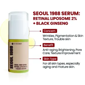 Sérum facial anti edad Seoul 1988 con retinal y black ginseng, botella dosificadora de tono beige y verde, con información de beneficios y tipo de piel.