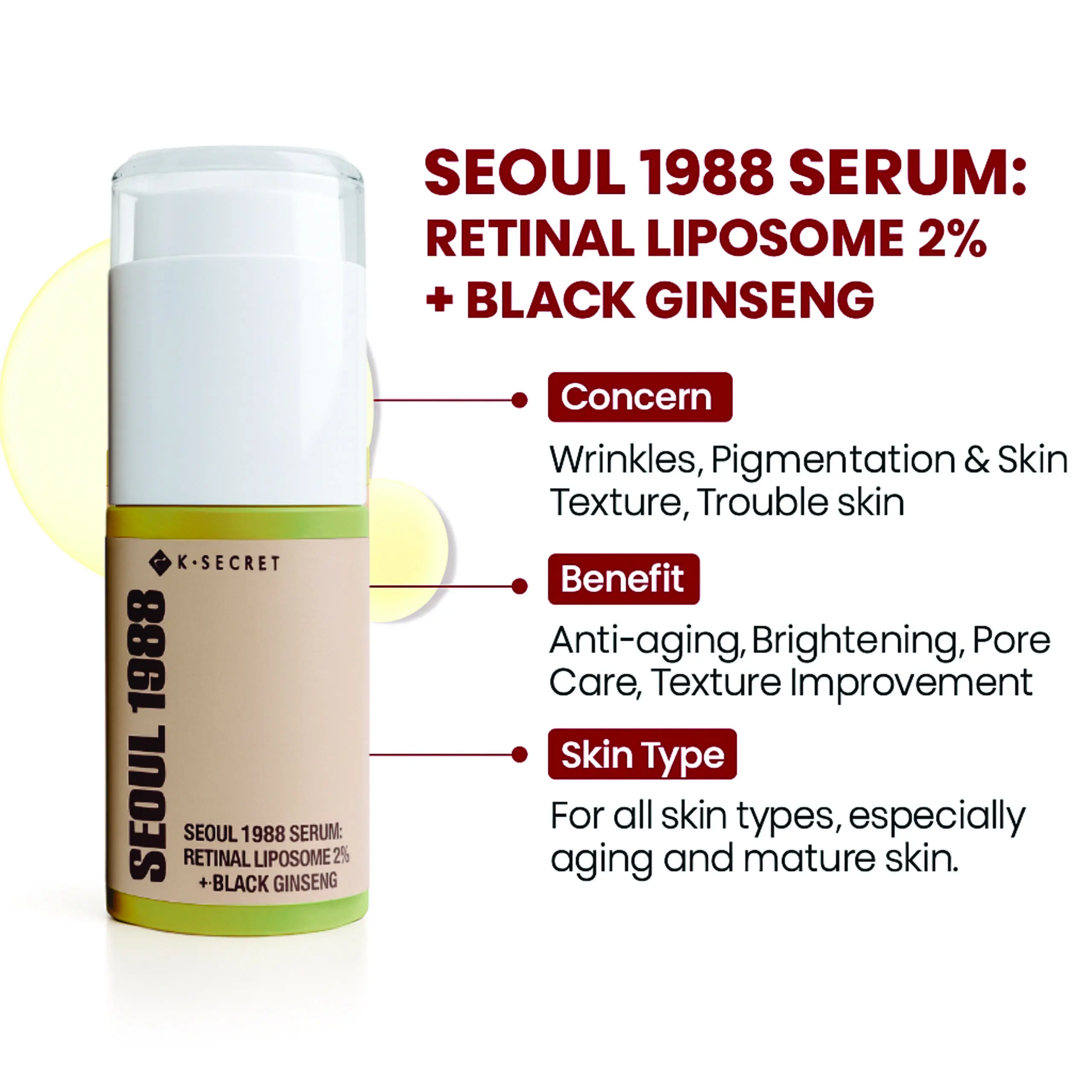 Sérum facial anti edad Seoul 1988 con retinal y black ginseng, botella dosificadora de tono beige y verde, con información de beneficios y tipo de piel.