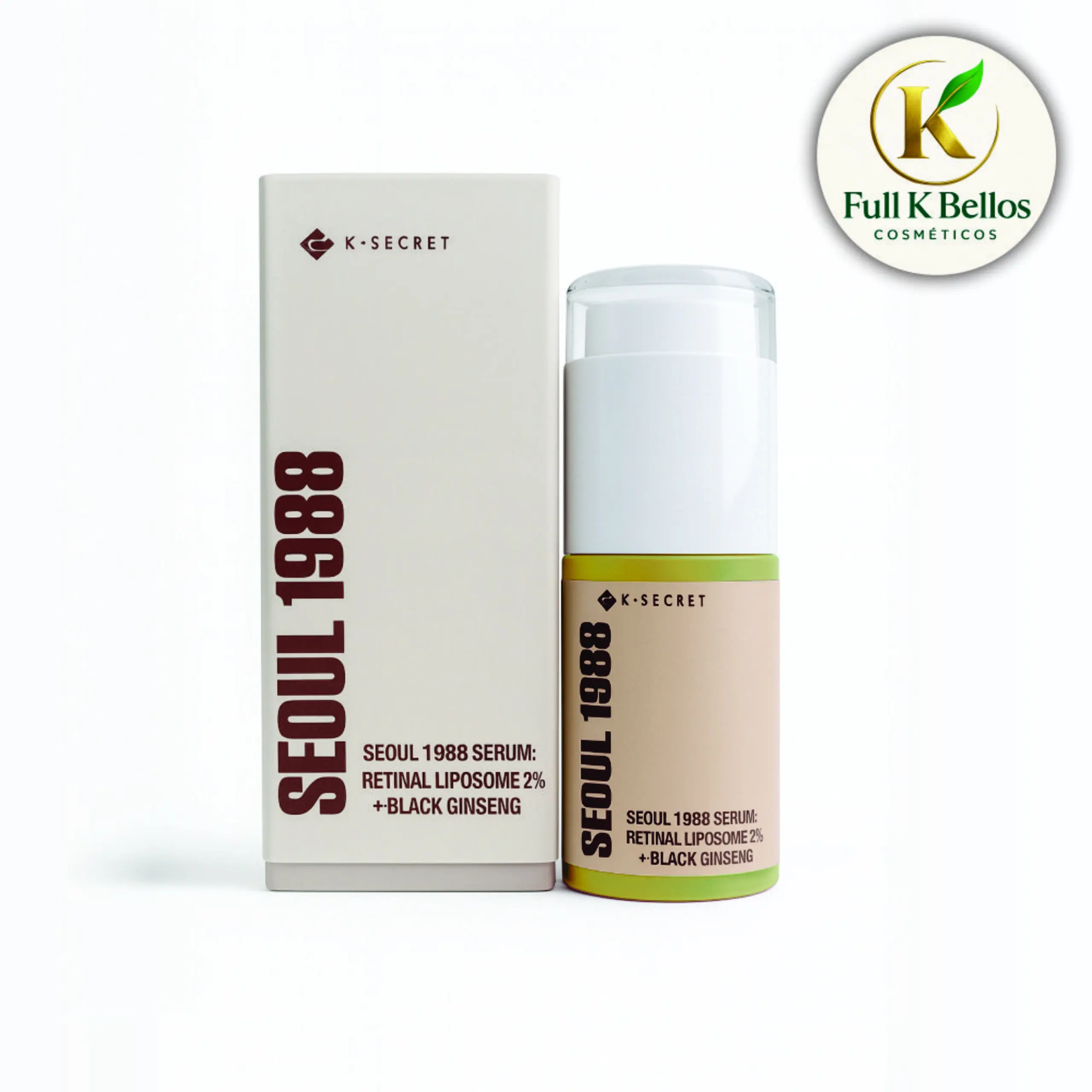 Sérum facial con retinal liposoma 2% y ginseng negro, frasco dispensador y caja beige vertical.
