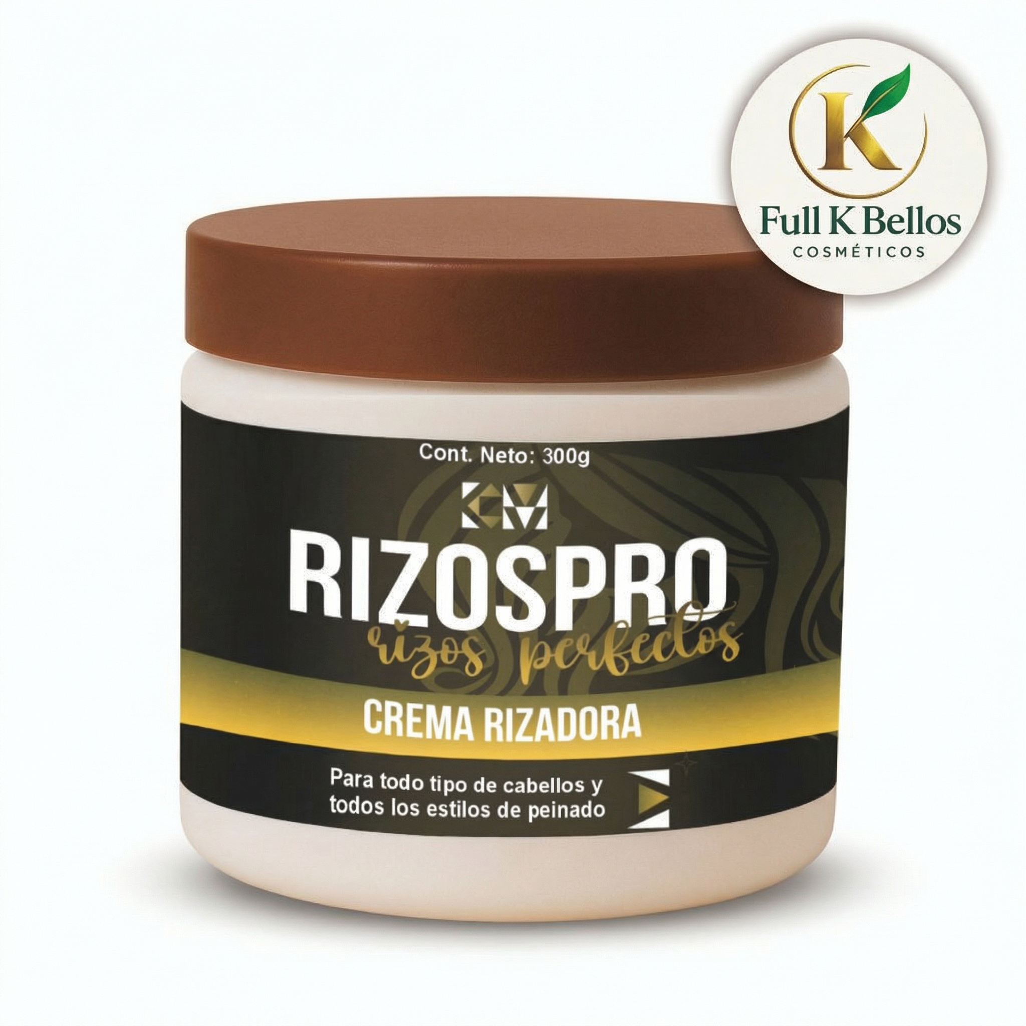 Crema rizadora Rizospro de 300g en envase blanco con tapa marrón, para definir bucles y controlar el encrespamiento en todo tipo de cabello.