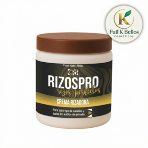 Crema rizadora Rizospro de 500g en envase blanco con tapa marrón y etiqueta negra y dorada para definir rizos en todo tipo de cabello.