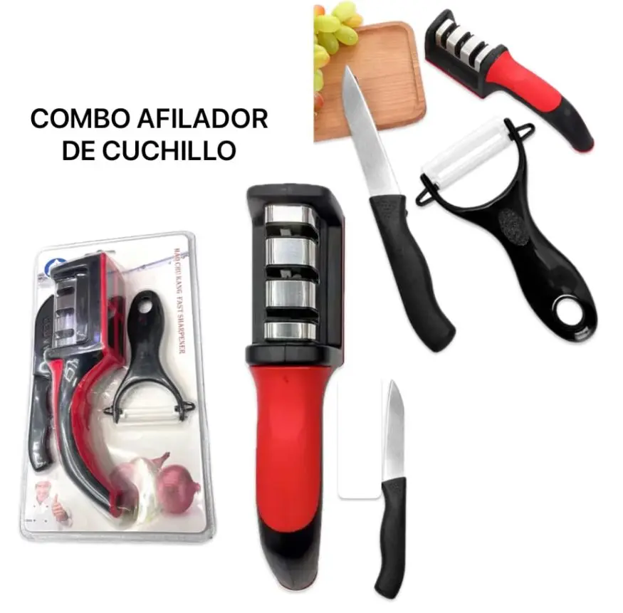 Combo de cuchillo y afilador de tres etapas con pelador - Recupera el filo de tus utensilios y acelera la preparación de alimentos - Imagen 2