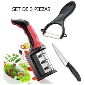 Combo de cuchillo y afilador de tres etapas con pelador - Recupera el filo de tus utensilios y acelera la preparación de alimentos