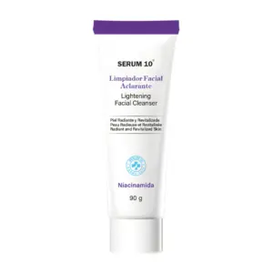 Tubo blanco de 90 g de limpiador facial aclarante Serum 10° con niacinamida y detalles en color morado.