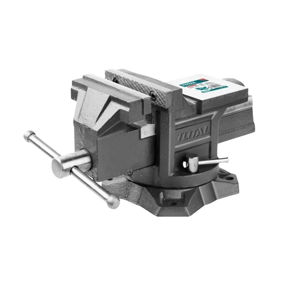Prensa de banco metálica gris oscuro de 4 pulgadas con base giratoria y manivela transversal cromada para sujeción firme.