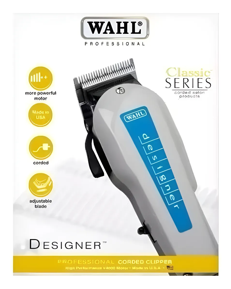 Caja de máquina cortadora Wahl Designer profesional con cuerpo gris y panel azul, incluye motor potente, cable y cuchilla ajustable en fondo blanco.