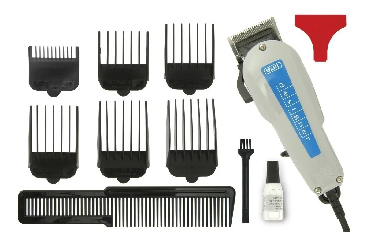 Kit de máquina cortadora de cabello gris con azul, seis peines guía negros, peine, cepillo, aceite lubricante y protector de cuchilla rojo.