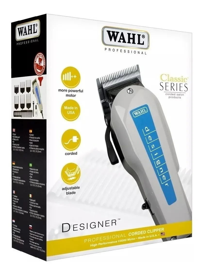 Caja blanca con bordes negros de cortadora de cabello Wahl Designer gris y azul, con motor V4000 y accesorios visibles.