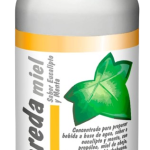 Botella blanca de jarabe Hereda miel sabor eucalipto y menta, con etiqueta de franjas amarillas y una hoja verde, contenido de 500 ml.
