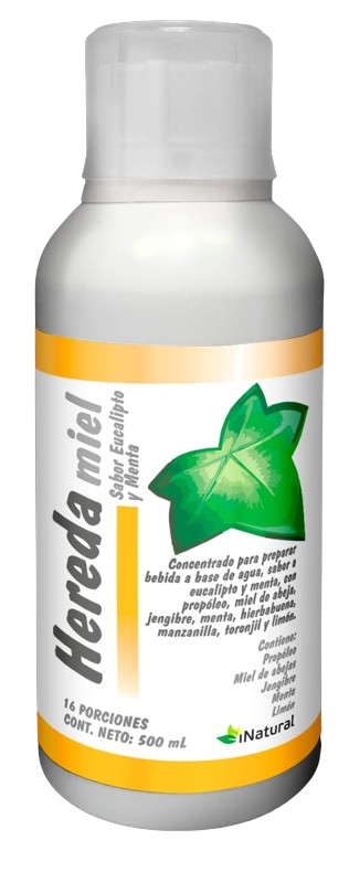 Botella blanca de jarabe Hereda miel sabor eucalipto y menta, con etiqueta de franjas amarillas y una hoja verde, contenido de 500 ml.