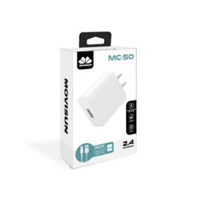Empaque blanco de cargador Movisun MC-50 de 2.4A con enchufe y puerto USB visibles, incluye cable USB a Lightning de un metro.