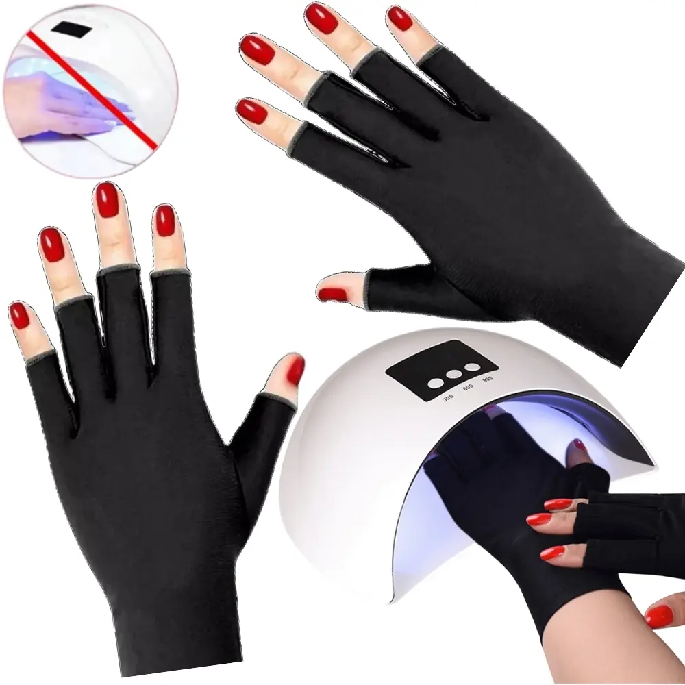 Set de dos guantes anti UV negros para lámpara de uñas con dedos descubiertos, mostrando protección y uso bajo luz ultravioleta.