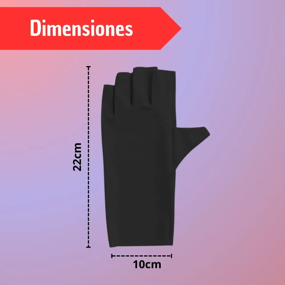 Guante negro anti UV para lámpara de uñas con dedos descubiertos, diseño largo de 22 cm de alto por 10 cm de ancho.
