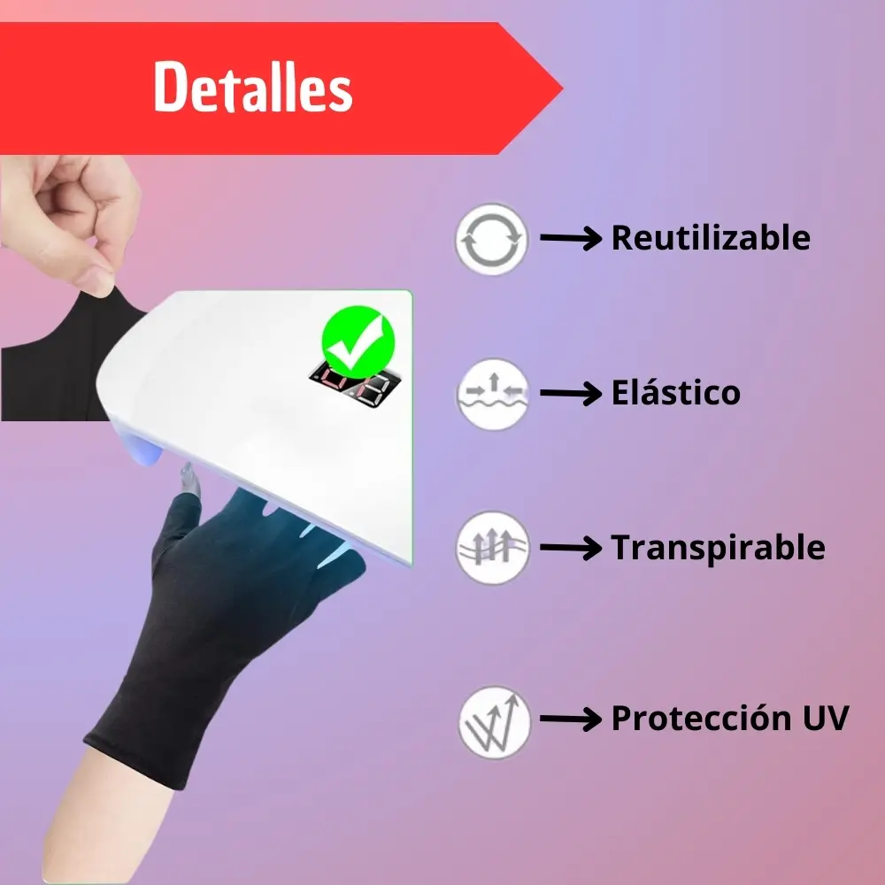 Guantes anti UV negros para lámpara de uñas, tela elástica, transpirable, reutilizable y dedos descubiertos