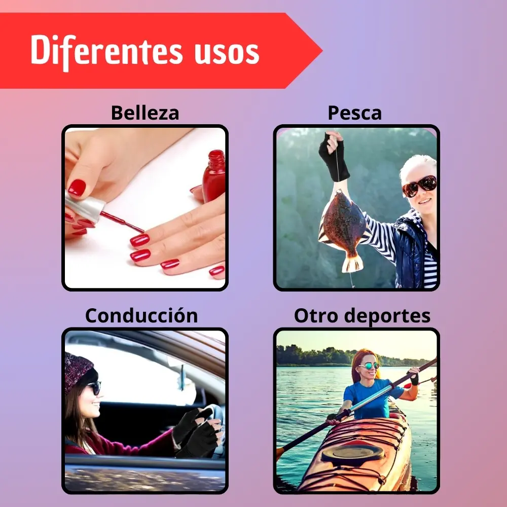 Set de 2 guantes negros anti UV con dedos descubiertos para proteger las manos al usar lámpara de uñas, conducir o practicar pesca y deportes acuáticos.